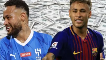Neymar Júnior com a camisa do Al-Hilal e do Barcelona com dinheiro ao fundo.
