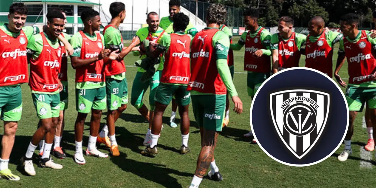 Palmeiras durante treinamento e ao lado o escudo do Del Valle