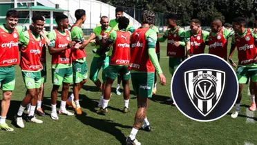 Palmeiras durante treinamento e ao lado o escudo do Del Valle
