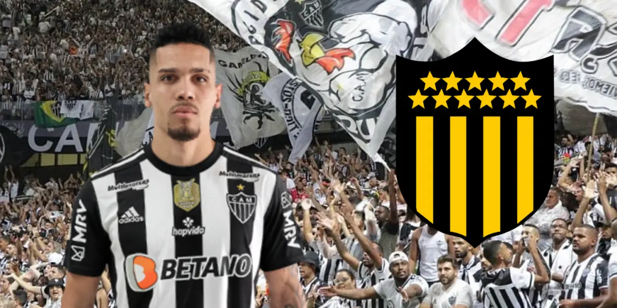 Paulinho com a camisa do Atlético-MG ao lado do emblema do Peñarol
