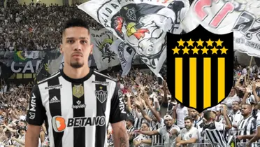 Paulinho com a camisa do Atlético-MG ao lado do emblema do Peñarol