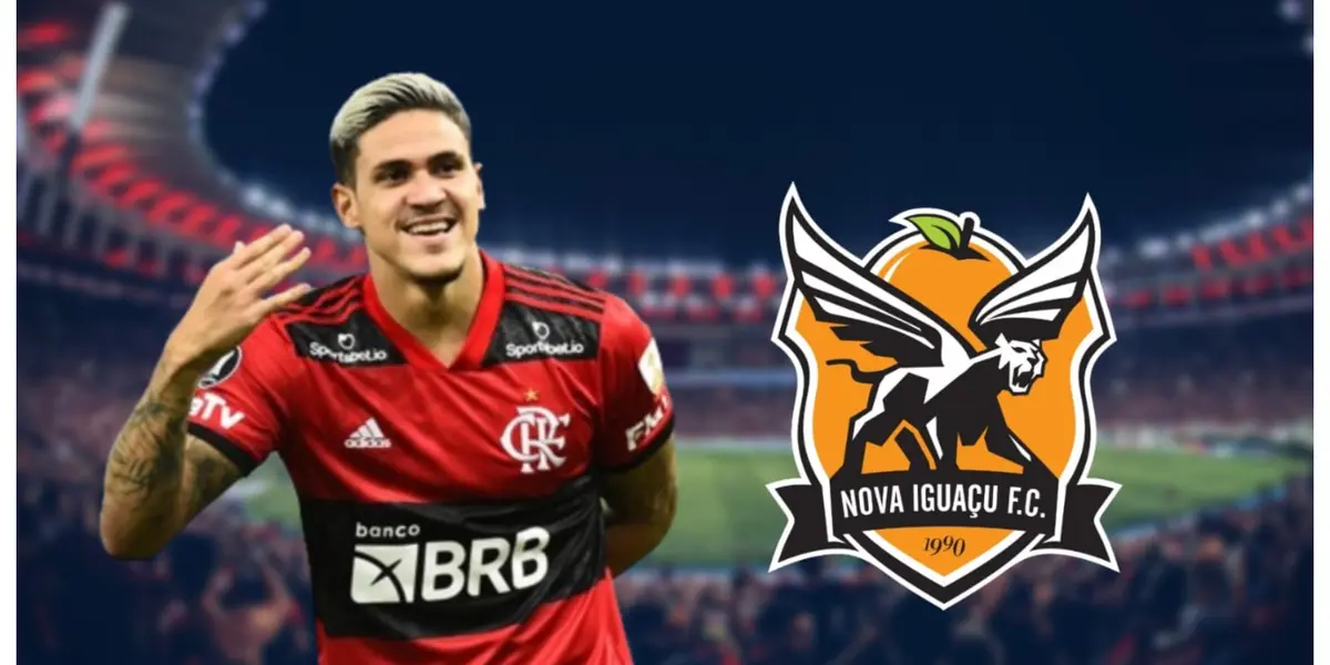 Pedro com a camisa do Flamengo e o escudo do Nova Iguaçu