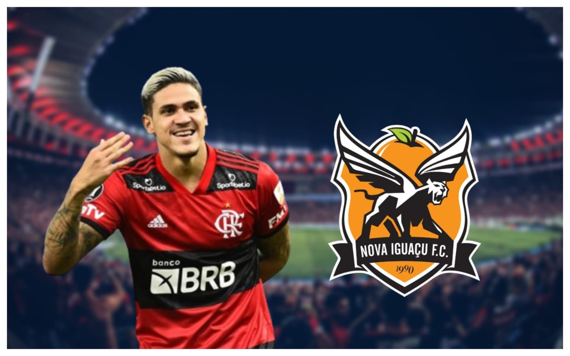 Pedro com a camisa do Flamengo e o escudo do Nova Iguaçu