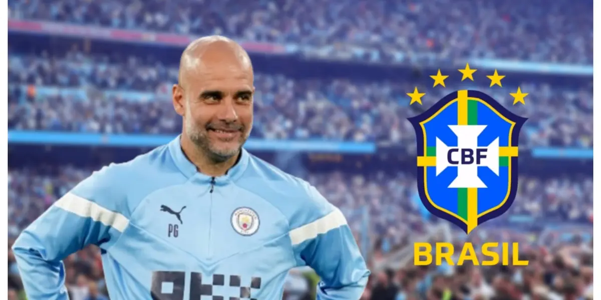 Pep Guardiola com a camisa do Manchester City e o escudo da Seleção Brasileira