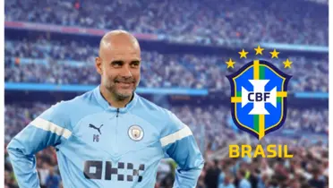 Pep Guardiola com a camisa do Manchester City e o escudo da Seleção Brasileira