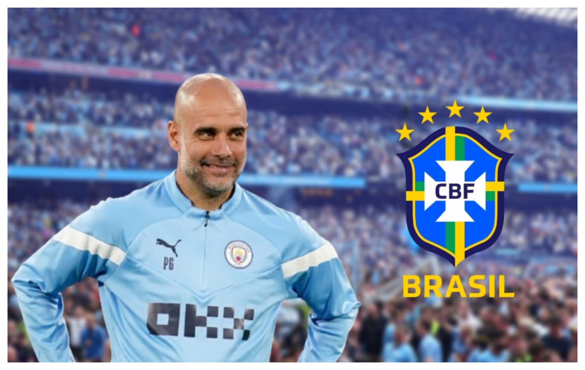 Pep Guardiola com a camisa do Manchester City e o escudo da Seleção Brasileira
