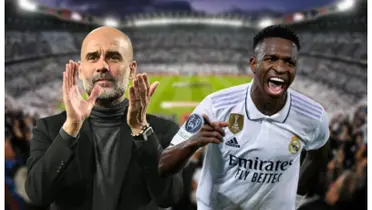 Pep Guardiola com uma camisa neutra e Vini Jr com a camisa do Real Madrid