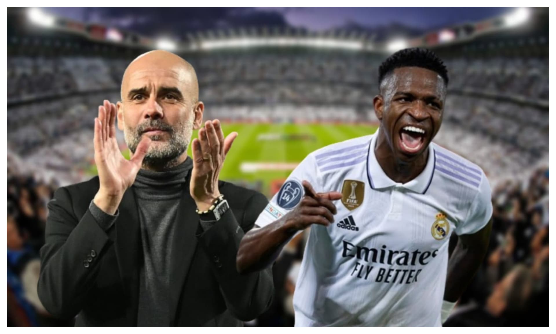 Pep Guardiola com uma camisa neutra e Vini Jr com a camisa do Real Madrid
