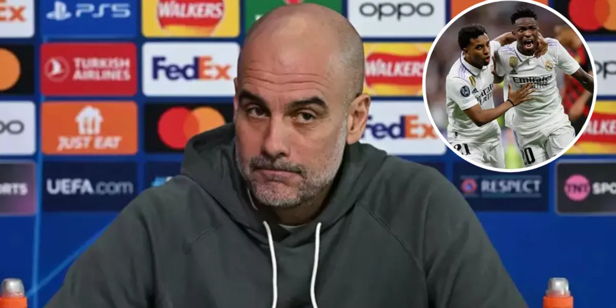 Pep Guardiola durante entrevista coletiva ao lado de Vini Jr e Rodrygo no Real Madrid