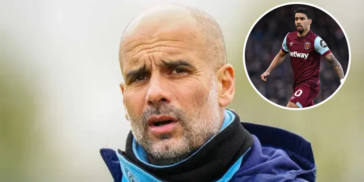 Pep Guardiola no Manchester City ao lado de Lucas Paquetá em ação pelo West Ham