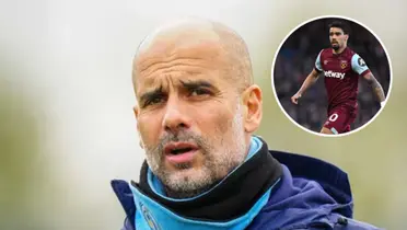 Pep Guardiola no Manchester City ao lado de Lucas Paquetá em ação pelo West Ham