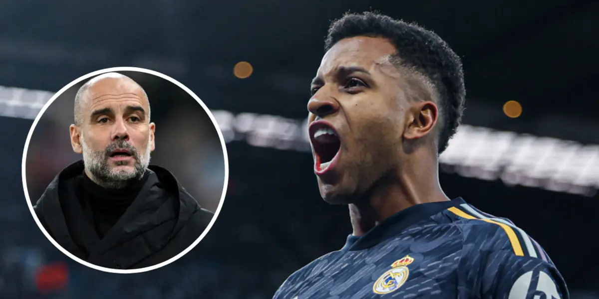 Pep Guardiola no Manchester City e Rodrygo comemorando pelo Real Madrid