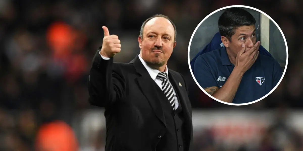 Rafa Benítez durante partida do Celta de Vigo e Thiago Carpini no São Paulo