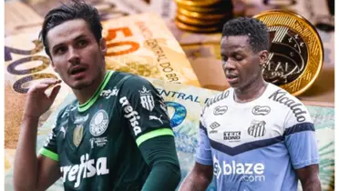 Raphael Veiga com a camisa do Palmeiras e Cazares com a camisa do Santos