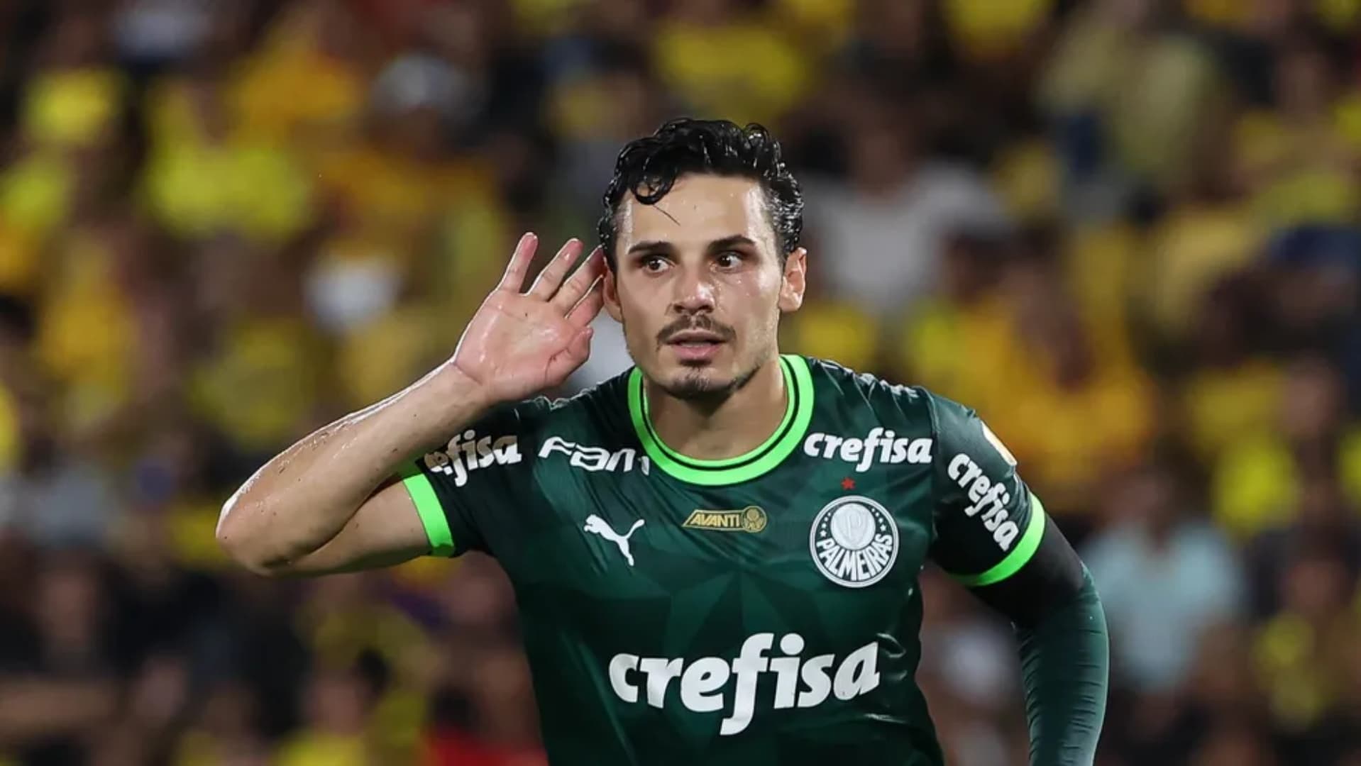 Raphael Veiga comemora gol do Palmeiras contra o Barcelona pela Conmebol Libertadores — Foto: Cesar Greco/Palmeiras