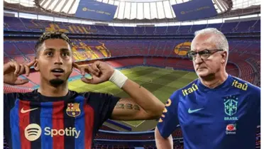 Raphinha com a camisa do Barcelona e Dorival com a camisa da Seleção Brasileira