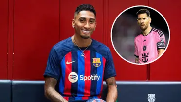 Raphinha com a camisa do Barcelona e Lionel Messi no Inter Miami
