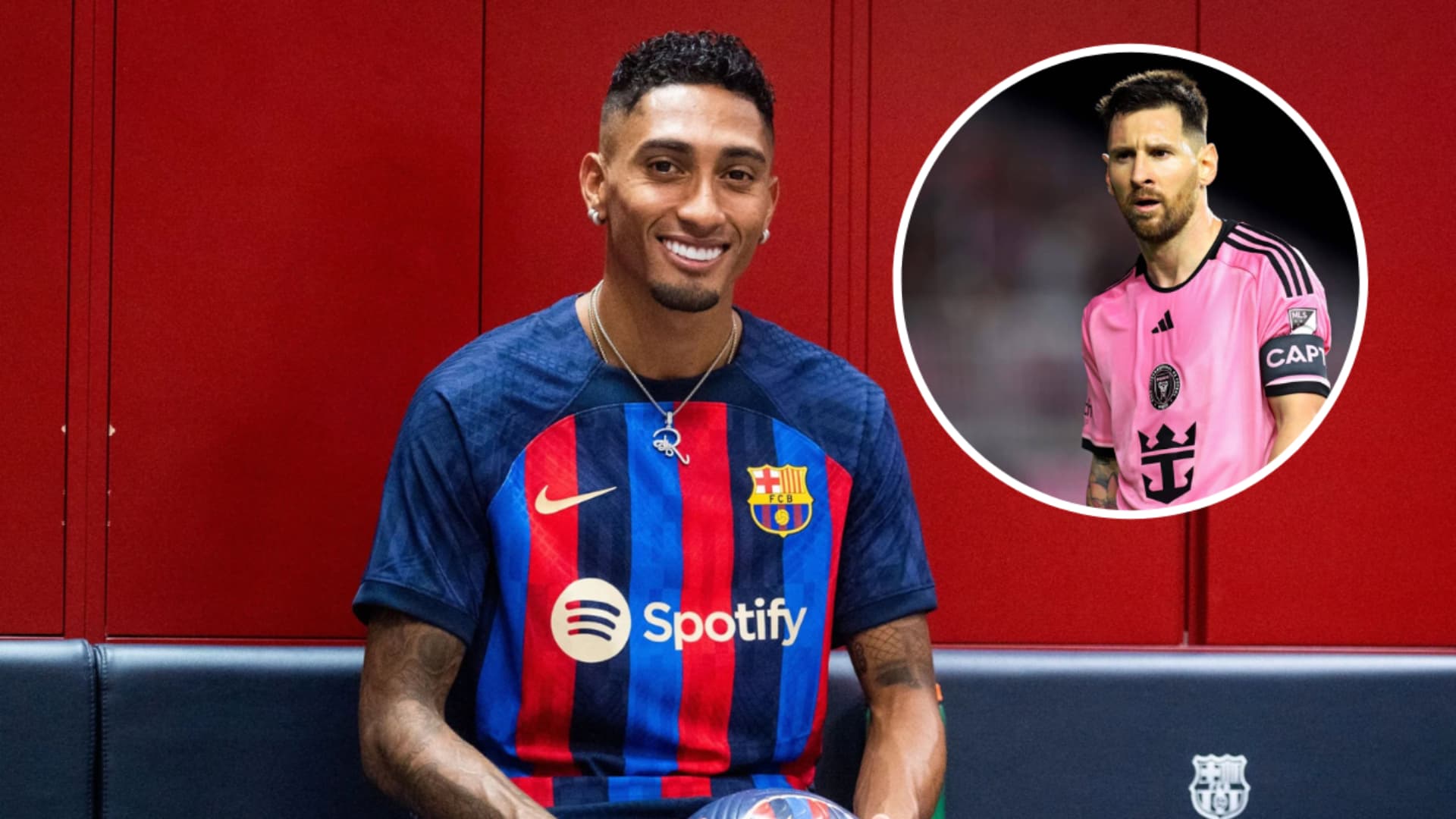 Raphinha com a camisa do Barcelona e Lionel Messi no Inter Miami