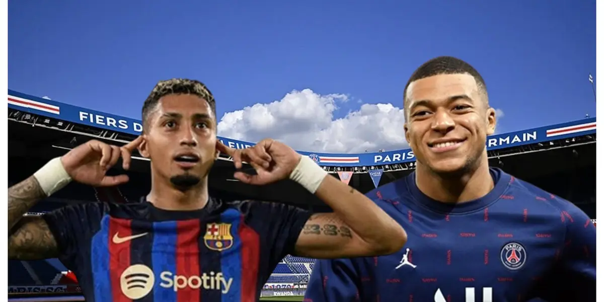 Raphinha com a camisa do Barcelona e Mbappé com a camisa do PSG