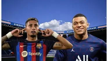 Raphinha com a camisa do Barcelona e Mbappé com a camisa do PSG