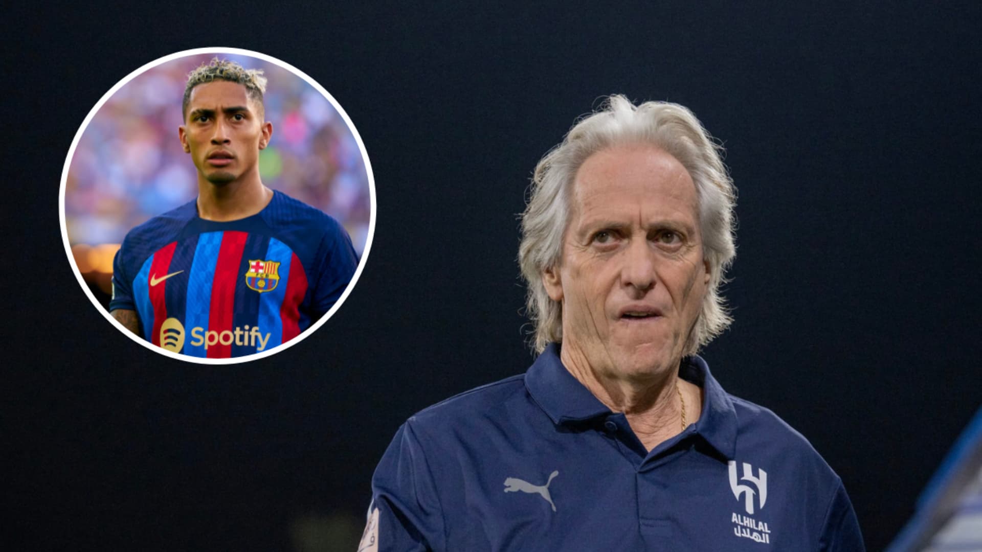 Raphinha pelo Barcelona ao lado de Jorge Jesus no comando técnico do Al-Hilal