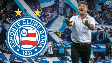Renato Gaúcho com o fundo da torcida do Grêmio e o escudo do Bahia
