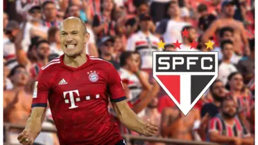 Robben feliz com a camisa do Bayern de Munique e do lado o escudo do São Paulo