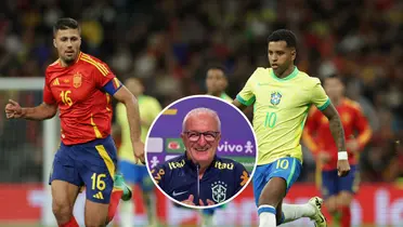 Rodri com a camisa da Espanha, Rodrygo com a camisa da Seleção Brasileira e Dorival Júnior com a blusa da Seleção Brasileira