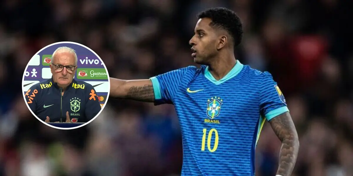 Rodrygo com a camisa da Seleção Brasileira e Dorival Júnior com a blusa da Seleção Brasileira