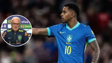 Rodrygo com a camisa da Seleção Brasileira e Dorival Júnior com a blusa da Seleção Brasileira