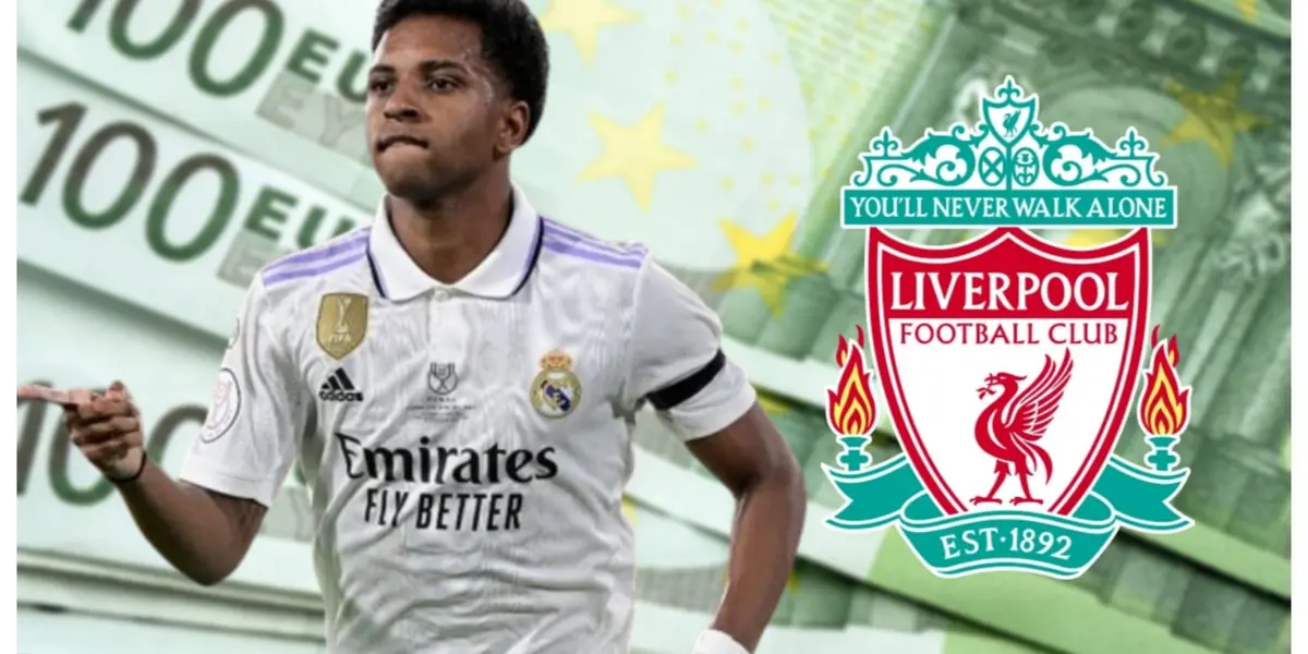 Rodrygo com a camisa do Real Madrid e o escudo do Liverpool