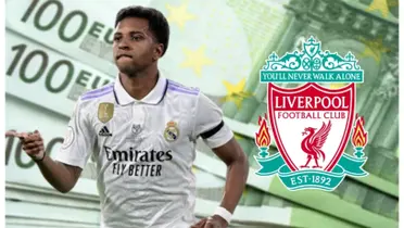 Rodrygo com a camisa do Real Madrid e o escudo do Liverpool