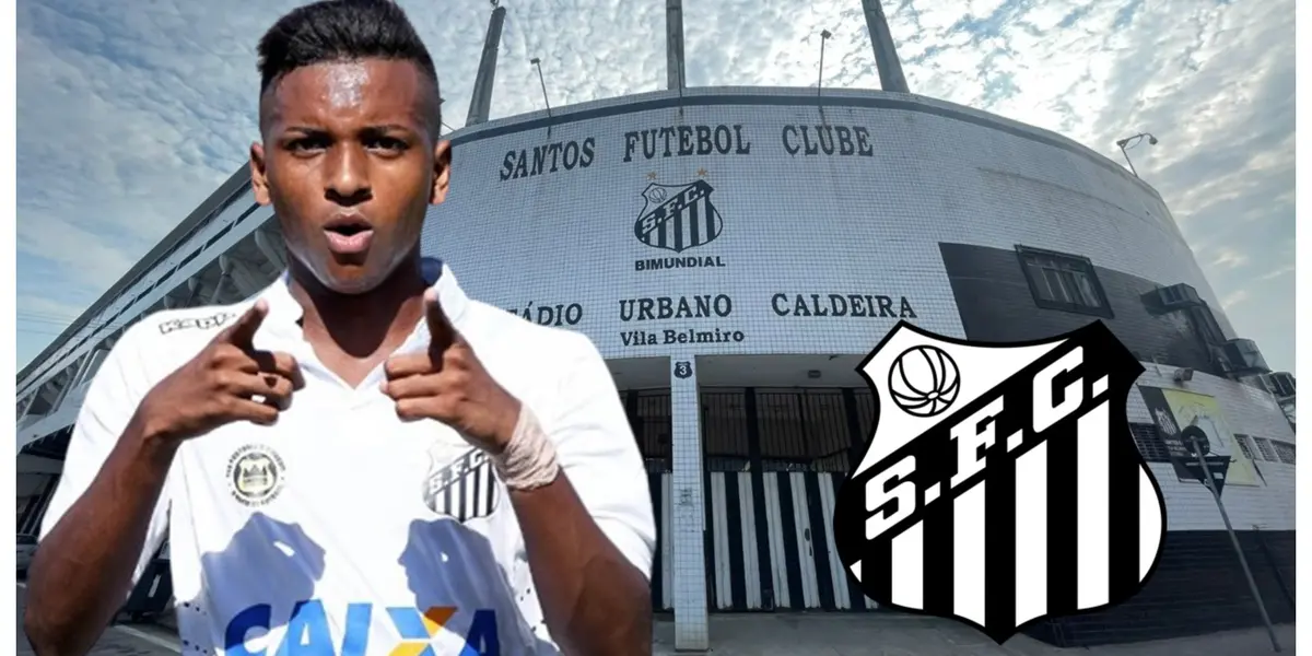 Rodrygo com a camisa do Santos e o escudo do Santos