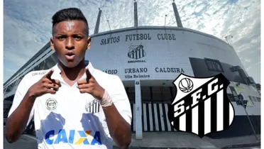 Rodrygo com a camisa do Santos e o escudo do Santos