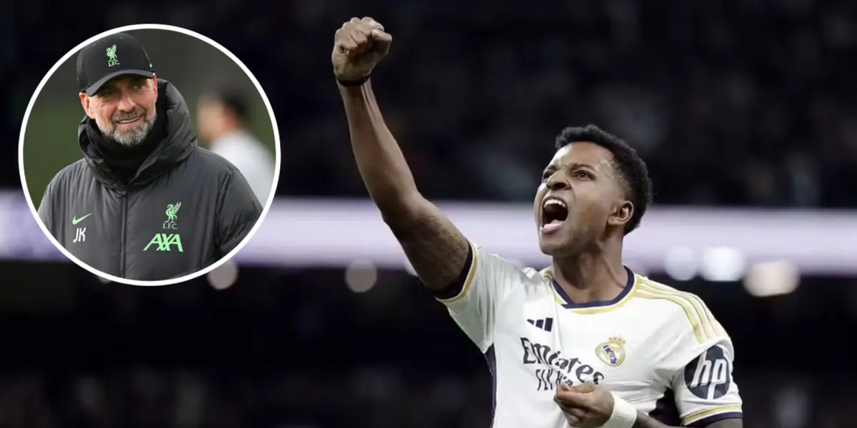 Rodrygo comemorando pelo Real Madrid ao lado de Klopp no Liverpool