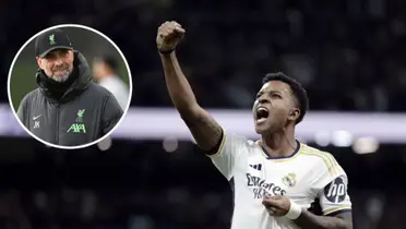 Rodrygo comemorando pelo Real Madrid ao lado de Klopp no Liverpool