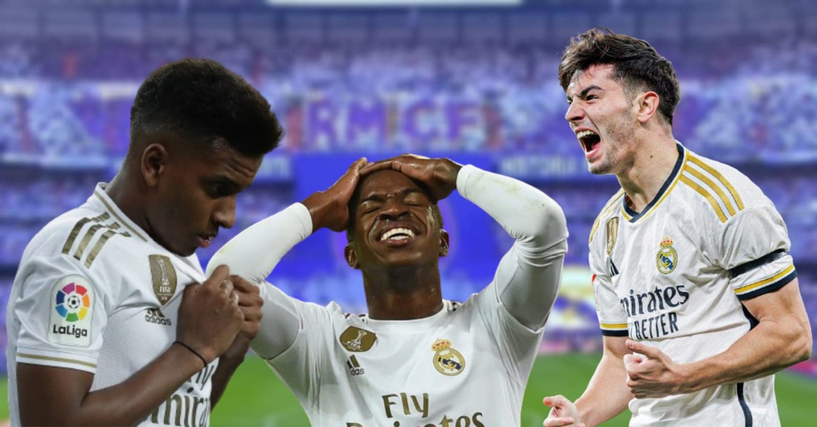 Rodrygo, Vini e Brahim com a camisa do Real Madrid