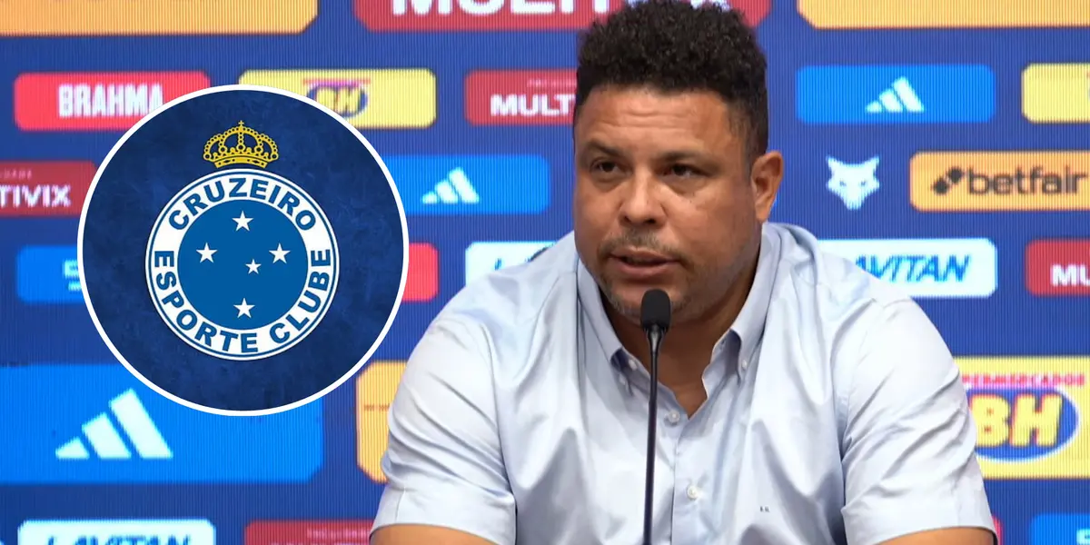Ronaldo Fenômeno e ao lado o escudo do Cruzeiro