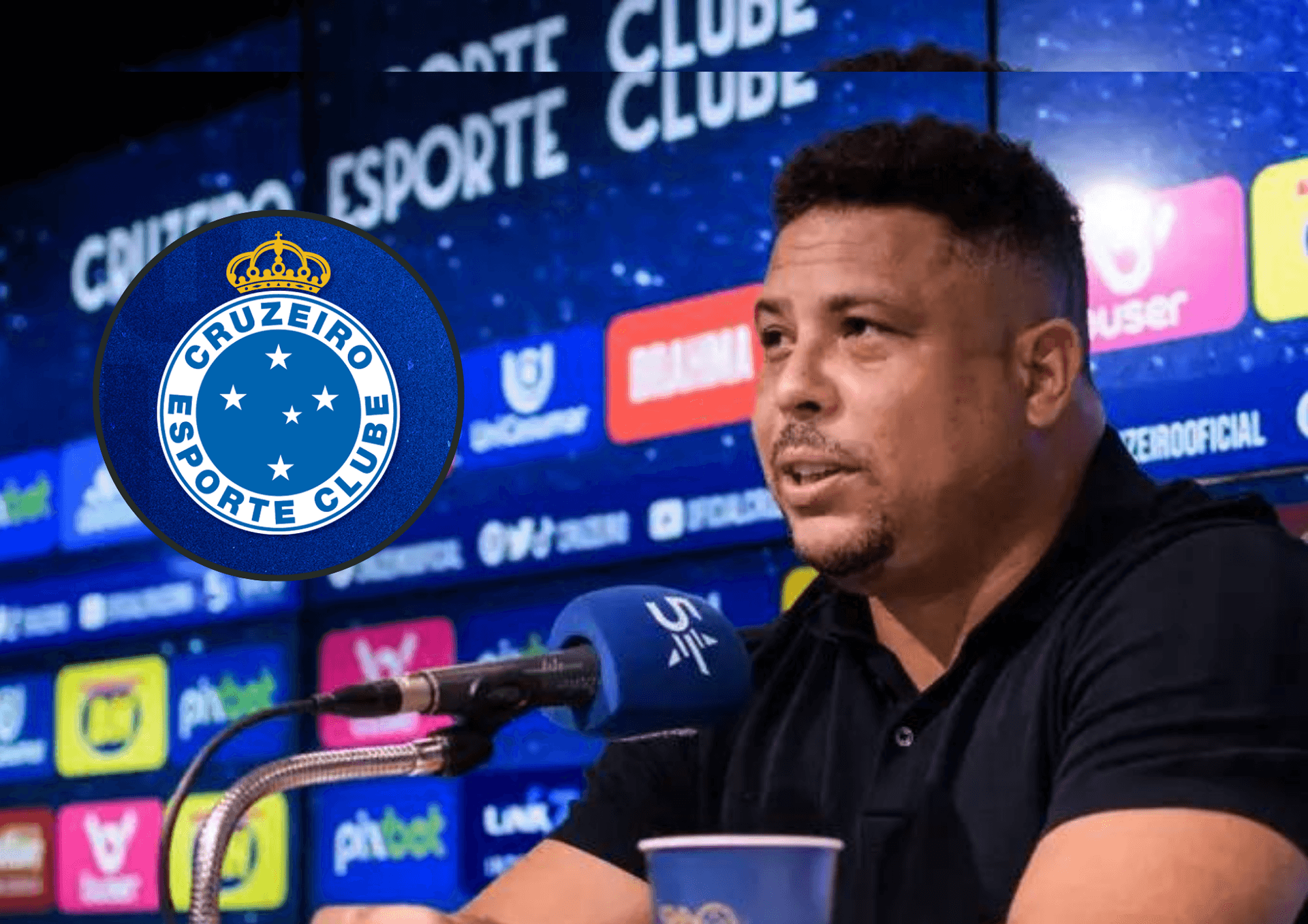 Ronaldo Fenômeno e o escudo do Cruzeiro ao lado