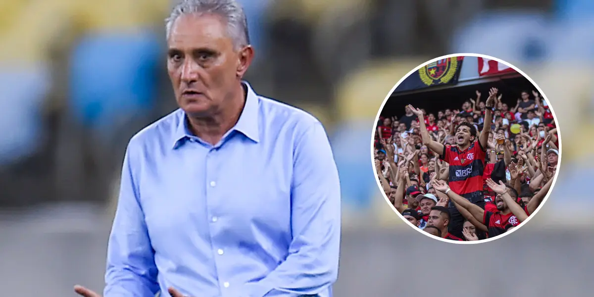 Técnico Tite e ao lado o escudo do Flamengo