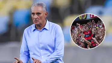 Técnico Tite e ao lado o escudo do Flamengo