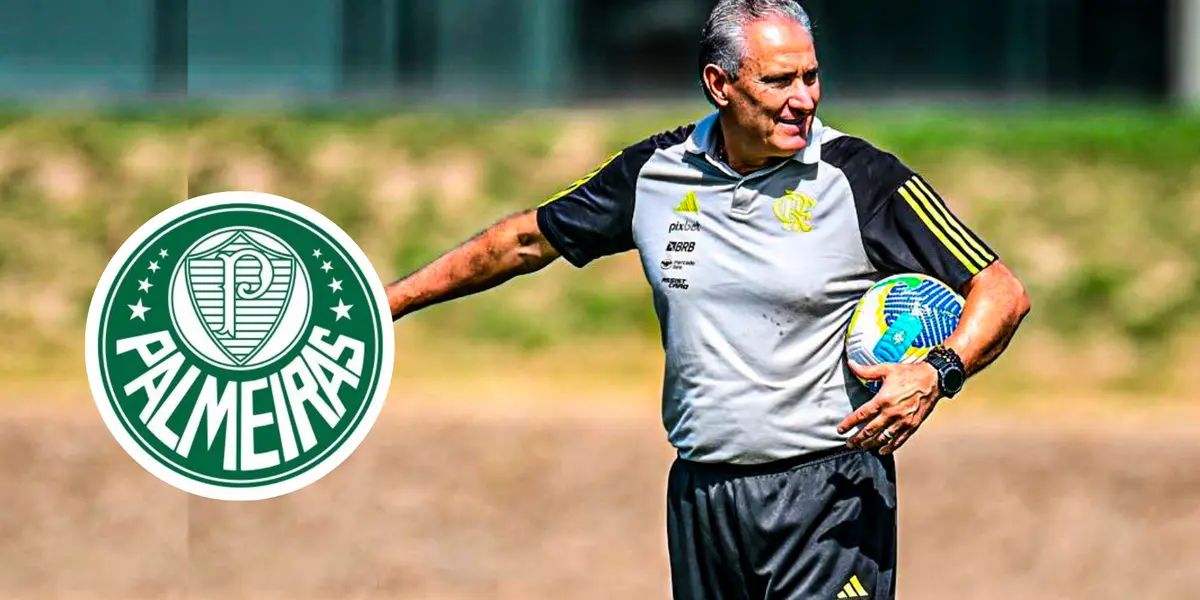 Técnico Tite e ao lado o escudo do Palmeiras