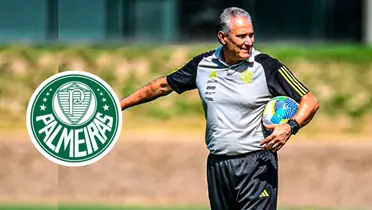 Técnico Tite e ao lado o escudo do Palmeiras