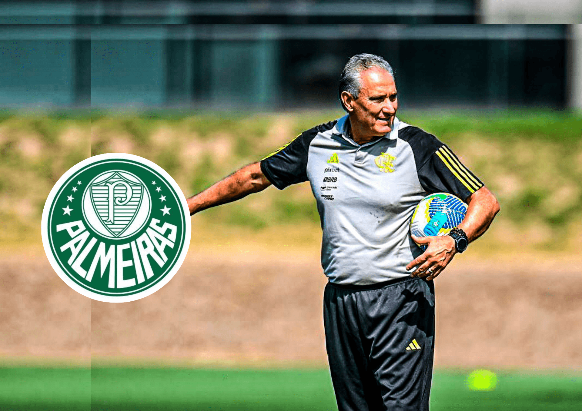 Técnico Tite e ao lado o escudo do Palmeiras