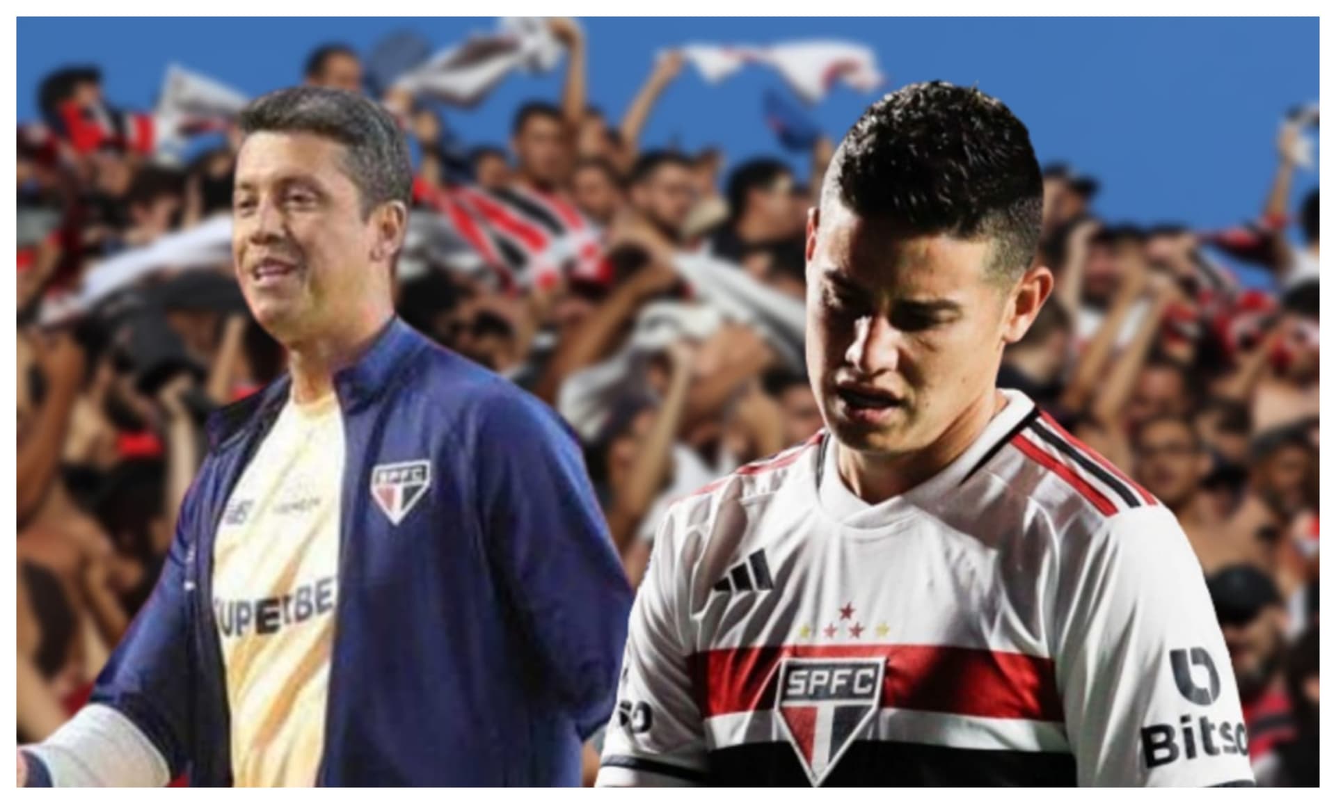 Thiago Carpini com a camisa do São Paulo e James Rodríguez com a camisa do São Paulo