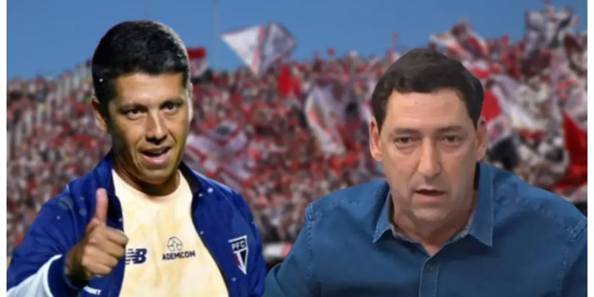 Thiago Carpini com a camisa do São Paulo e Paulo Vinícius Coelho