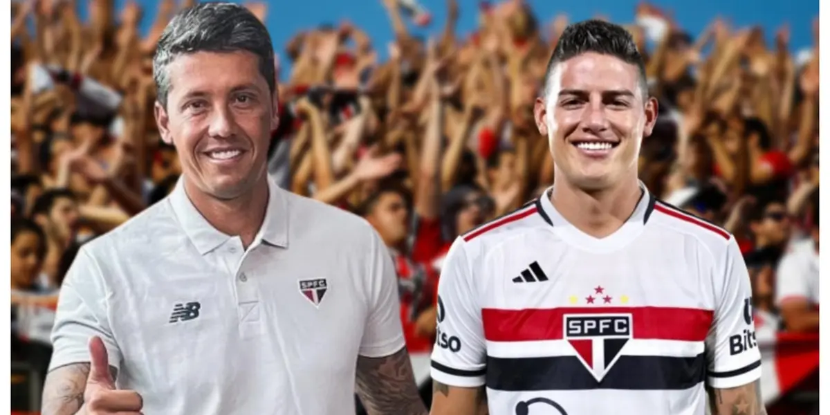Thiago Carpini e James Rodríguez com a camisa do São Paulo