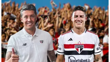 Thiago Carpini e James Rodríguez com a camisa do São Paulo