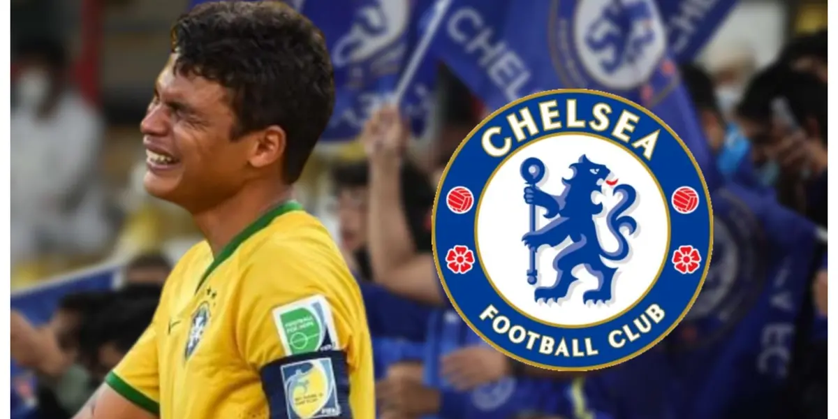 Thiago Silva Chorando com a camisa do Brasil e do lado o escudo do Chelsea