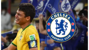 Thiago Silva Chorando com a camisa do Brasil e do lado o escudo do Chelsea